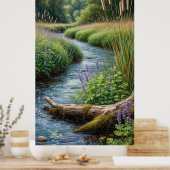 紫のルピナスのある森の小川 ポスター (キッチン)