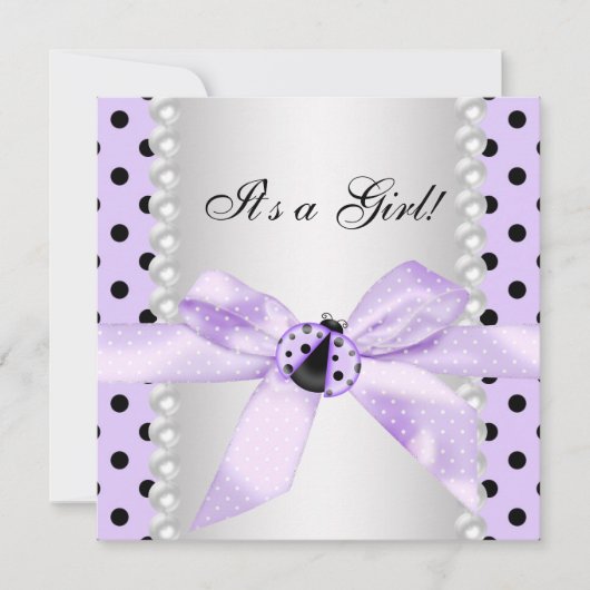 紫のレディバグ赤ちゃんシャワー 招待状 (正面)