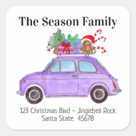 紫のレトロフィアット500クリスマスプレゼント スクエアシール