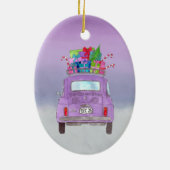 紫のレトロフィアット500クリスマスプレゼント セラミックオーナメント (裏面)