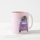 紫のレトロフィアット500クリスマスプレゼント ツートーンマグカップ (正面右)