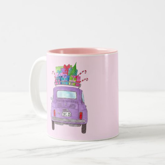 紫のレトロフィアット500クリスマスプレゼント ツートーンマグカップ (正面左)