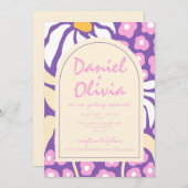 紫のレトロフローラとフォト結婚式招待状 招待状 (正面/裏面)