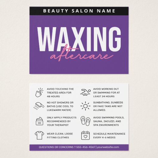 紫のワッモダンクス（蝋）シング・アフターケア・カードの脱毛 (正面&裏面)