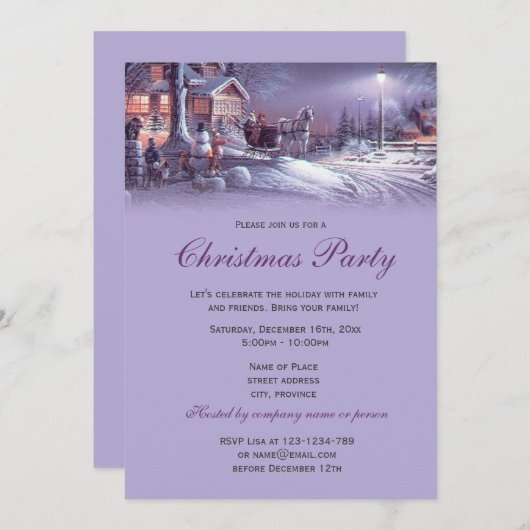紫のヴィンテエレガントージクリスマスの休日パーティー 招待状 (正面/裏面)