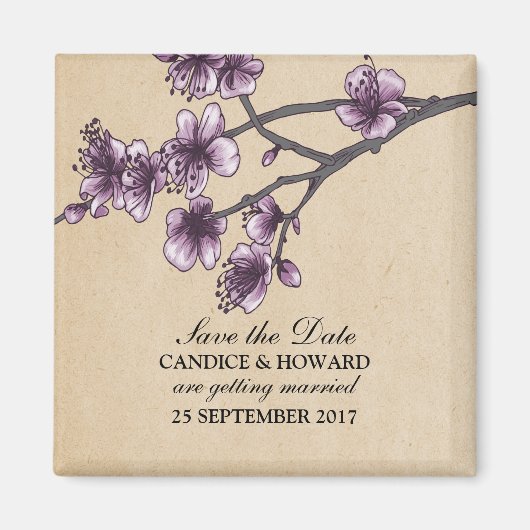 紫のヴィンテージさくらんぼの花の保存日 マグネット (正面)