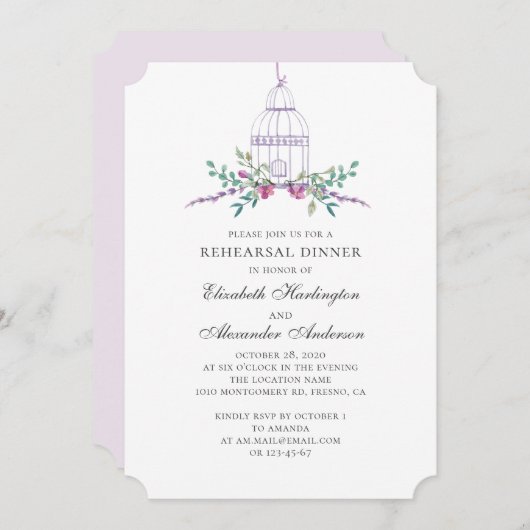 紫のヴィンテージの鳥。フローラリハーサル 招待状 (正面/裏面)
