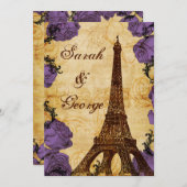 紫のヴィンテージエッフェルタワーパリの結婚式の招待 招待状 (正面/裏面)
