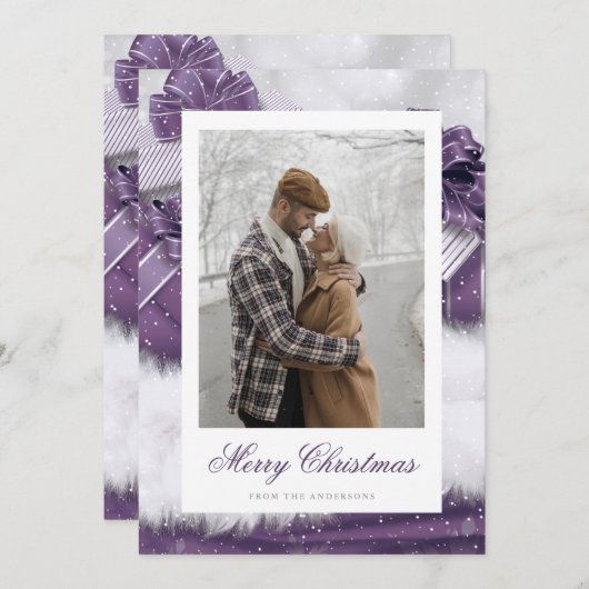 紫のヴィンテージギフト雪の写真クリスマスカード シーズンカード (正面/裏面)