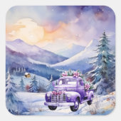 紫のヴィンテージトラックと山クリスマス スクエアシール (正面)