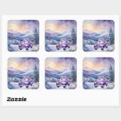 紫のヴィンテージトラックと山クリスマス スクエアシール (シート)