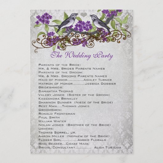 紫のヴィンテージバードダマスクの結婚式プログラム プログラム (裏面)