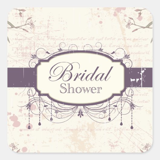 紫のヴィンテージフローラブライダルシャワーシール スクエアシール (正面)