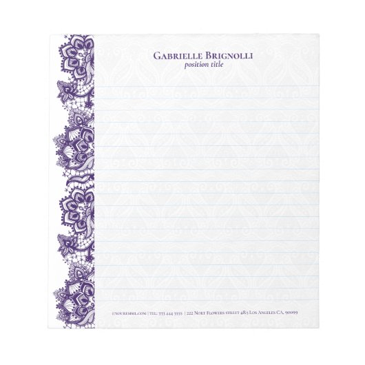 紫のヴィンテージフローラレースメモ帳 ノートパッド (正面)