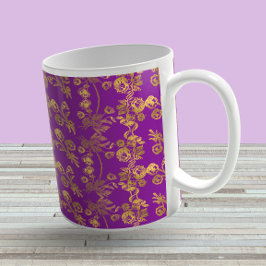 紫のヴィンテージ素朴な金ゴールドダマスク旋回パターン コーヒーマグカップ