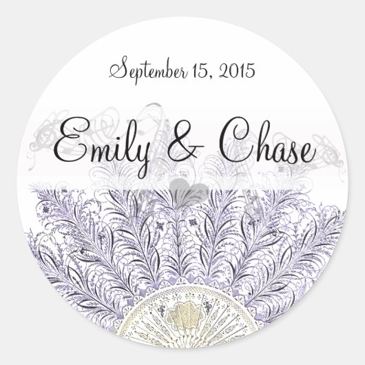 紫のヴィンテージ羽毛ファン結婚式用シール ラウンドシール (正面)
