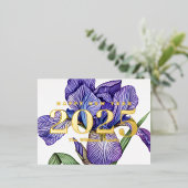 紫のヴィンテージ花ハッピーニューイヤー2025金ゴールド 箔シーズンポストカード (立ち正面)