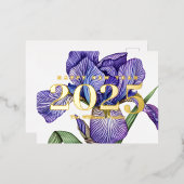 紫のヴィンテージ花ハッピーニューイヤー2025金ゴールド 箔シーズンポストカード (正面/裏面)