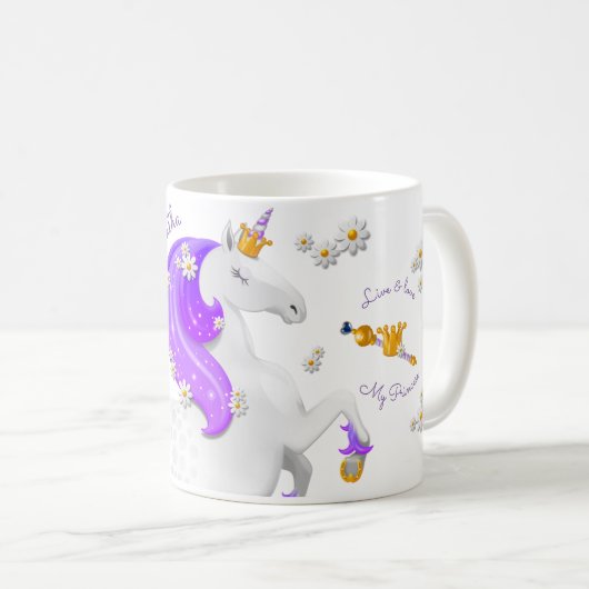 紫の一角花と金の王冠のマグカップ コーヒーマグカップ (正面右)