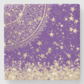 紫の上に金ゴールド星を魅了する曼荼羅 ストーンコースター (正面)