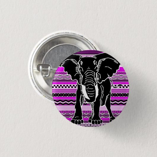 紫の上のゾウのシルエットパターン(の模様が)あるストライプ 缶バッジ (正面&裏面)