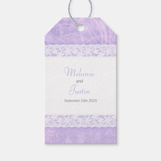 紫の上の白いレースあなた感謝していの結婚式の引き出物ラベル ギフトタグ (正面)