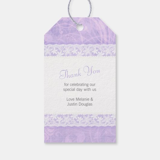 紫の上の白いレースあなた感謝していの結婚式の引き出物ラベル ギフトタグ (裏面)