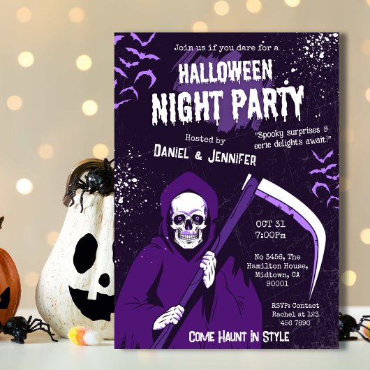 紫の不気味なハロウィン・リーパー・ナイト・パーティー 招待状