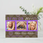 紫の丸の5x7写真シニアアナウンスメント 案内状 (スタンド正面)