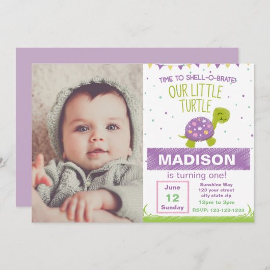 紫の亀の誕生日招待状と写真 招待状 (正面/裏面)