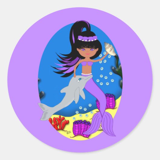 紫の人魚とドルフィンステッカーのゾラ ラウンドシール (正面)