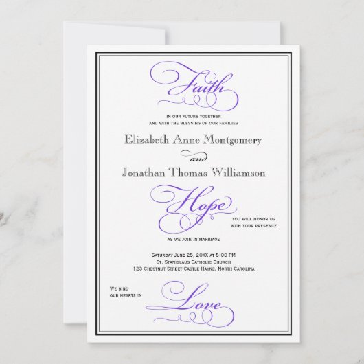 紫の信仰希望愛のスクリプト結婚式招待状 招待状 (正面)