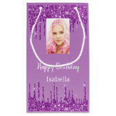 紫の写真グリッターの誕生日を乾燥させる スモールペーパーバッグ (裏面)