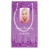 紫の写真グリッターの誕生日を乾燥させる スモールペーパーバッグ (正面)