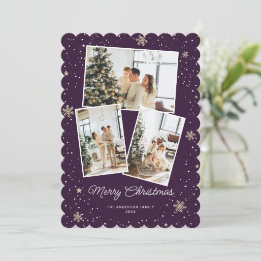 紫の写真モダンコラージメリークリスマスカード シーズンカード (スタンド正面)