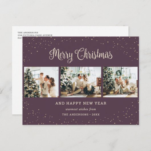 紫の写真モダンコラージメリークリスマス シーズンポストカード (正面/裏面)