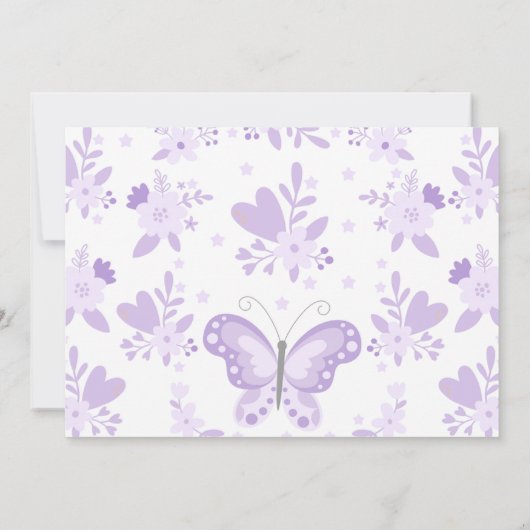 紫の写真モダンフローラ蝶の最初の誕生日 招待状 (裏面)