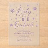 紫の冬のベビー外の赤ちゃんシャワーは寒い アクリル招待状 (正面)