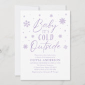 紫の冬のベビー外の赤ちゃんシャワーは寒い 招待状 (正面)
