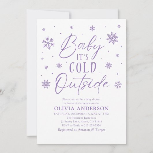紫の冬のベビー外の赤ちゃんシャワーは寒い 招待状 (正面)