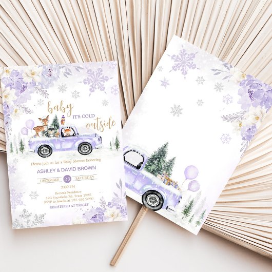 紫の冬の森の赤ちゃんシャワー 招待状
