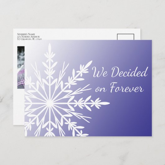 紫の冬の白い雪片が日付を救う 案内ポストカード (正面/裏面)