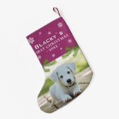 紫の初めてのクリスマス子犬の写真パインスノーフレーク スモールクリスマスストッキング (裏面 (吊り時))