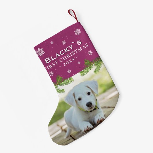 紫の初めてのクリスマス子犬の写真パインスノーフレーク スモールクリスマスストッキング (裏面 (吊り時))