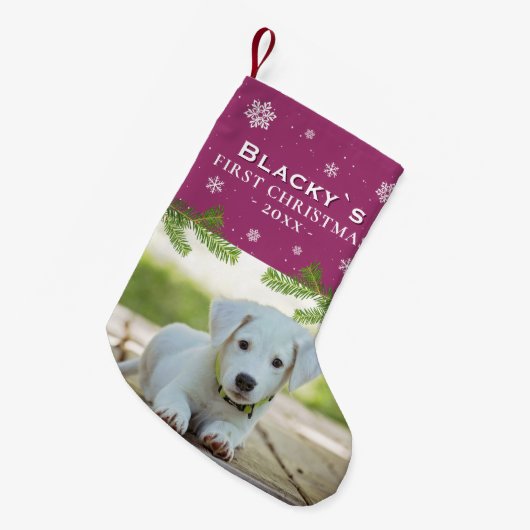 紫の初めてのクリスマス子犬の写真パインスノーフレーク スモールクリスマスストッキング (正面 (吊り時))