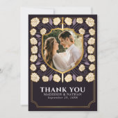 紫の剣と盾のメディエーバルファンタジーウェディング サンキューカード (正面)