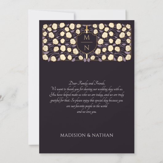 紫の剣と盾のメディエーバルファンタジーウェディング サンキューカード (裏面)