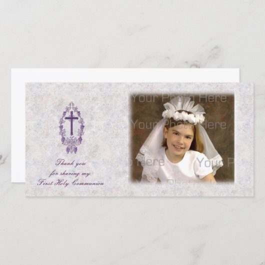 紫の十字宗教的感謝の意フォトカード サンキューカード (正面/裏面)