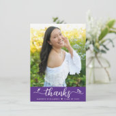 紫の卒業写真シックモダンスクリプトハート サンキューカード (スタンド正面)