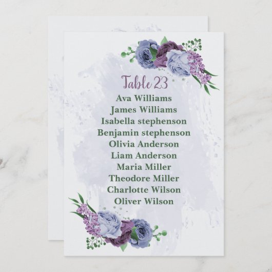 紫の埃っぽい青いフローラシーティングチャートカード 招待状 (正面/裏面)